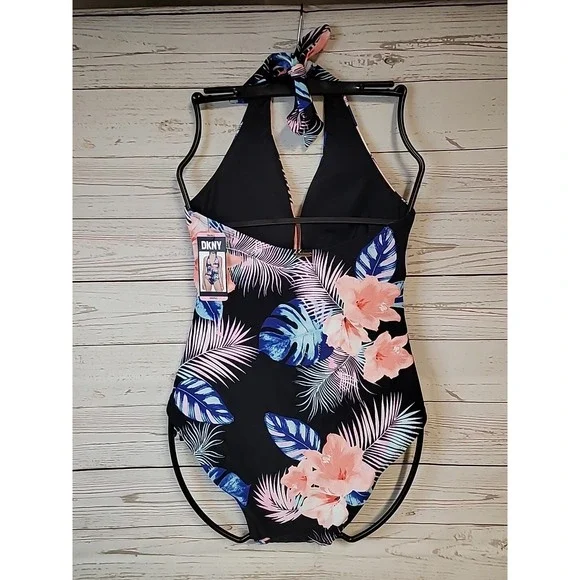 NWT DKNY Small Tropical Floral‎ One Piece Tummy Control Halter Neckline Swimsuit - Picture 3 of 8
